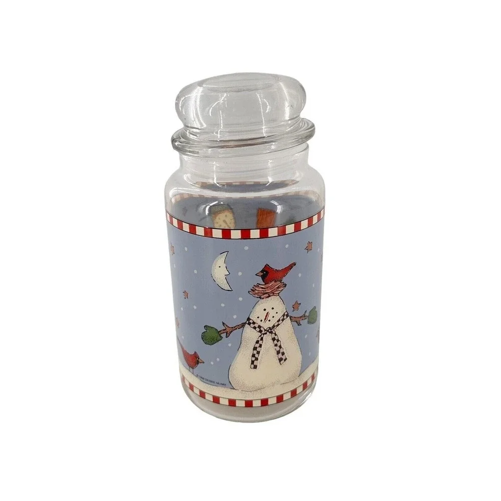 Vtg Snowman Sakura Debbie Mumm 1998 Glass Cookie‎ Canister Jar Country Farmhouse